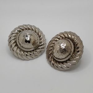 Vintage Silver tone circle dome hammered textured big clip on earrings